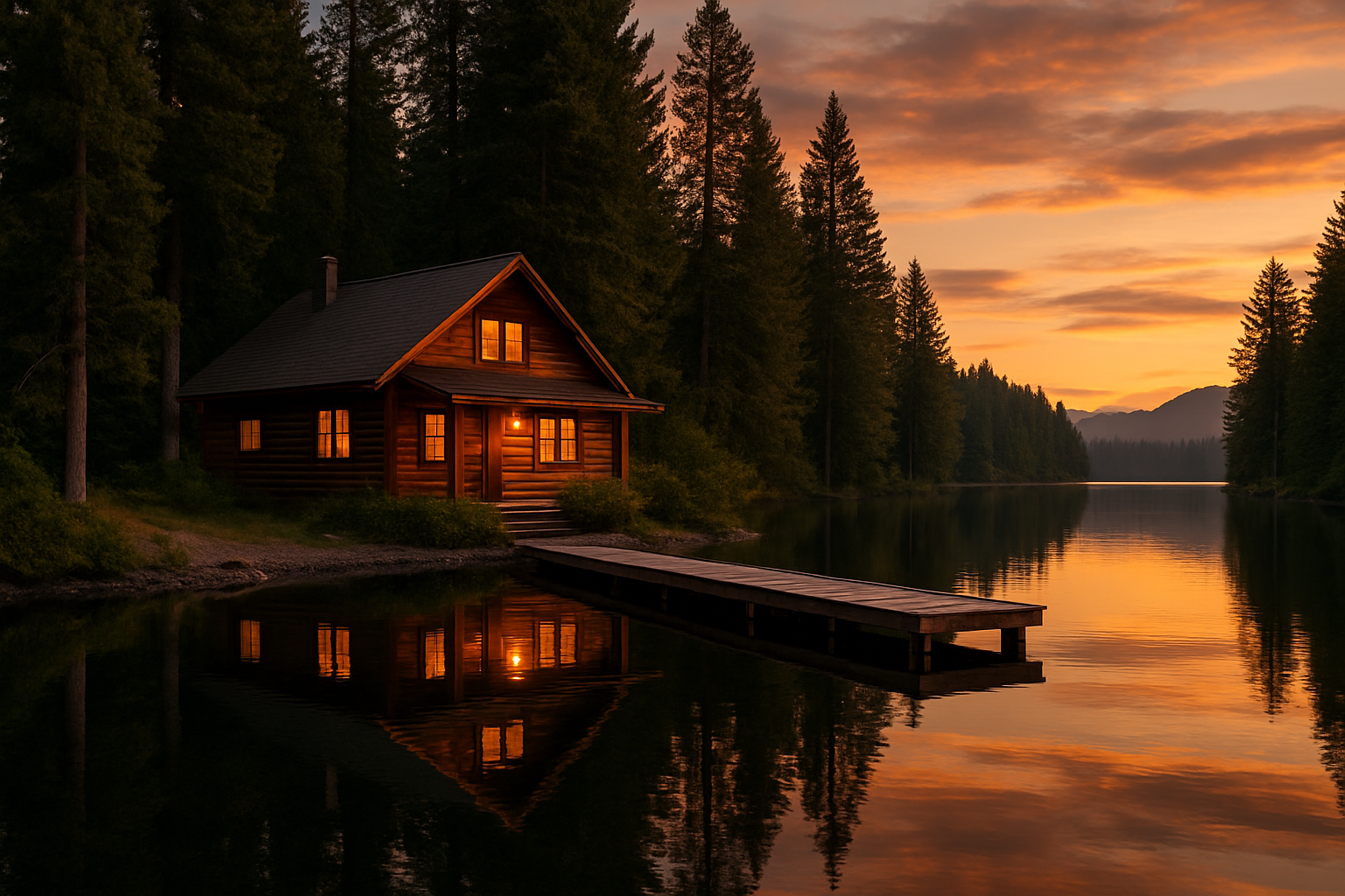 Lakefront cabin at sunset on Benson Lake