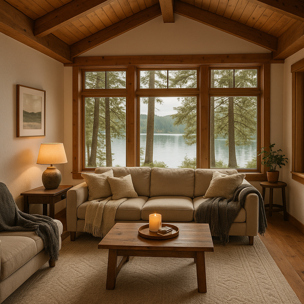 Cozy cabin interior with lake views